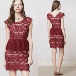 Anthropologie Maeve Elsa Peplum Sheath Dress Size M Womans Red Lace Cap Sleeve